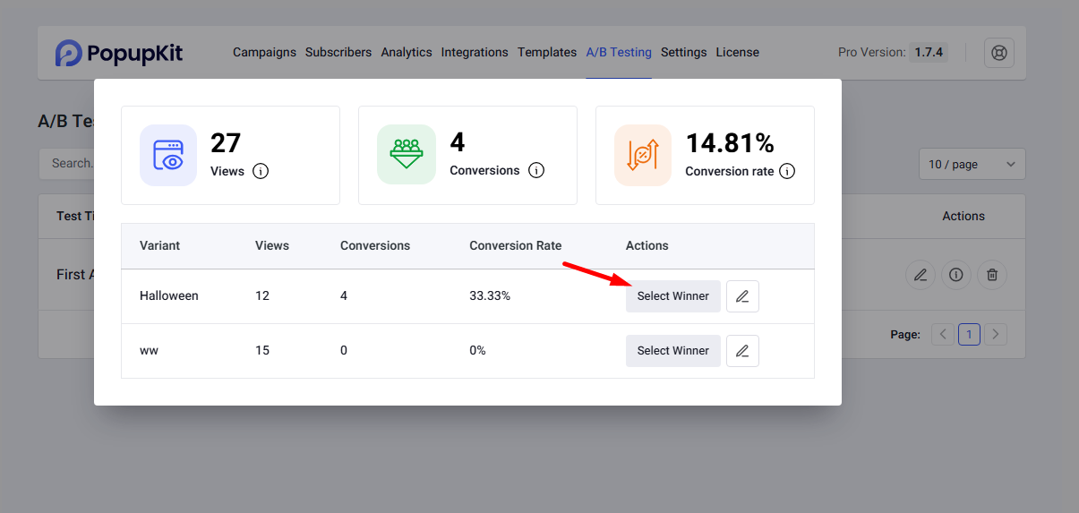 Check the test details and select winner