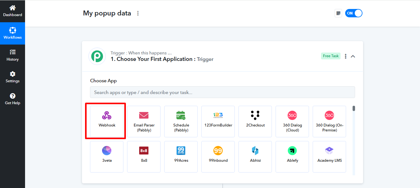 choose the Webhook App