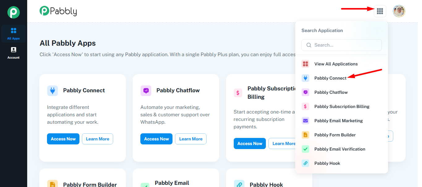 Click on the application menu icon and select Pabbly Connect from the list