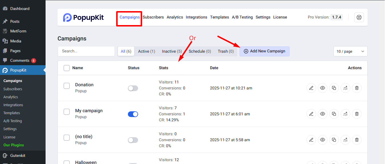 Create a new campaign or choose from the active campaigns