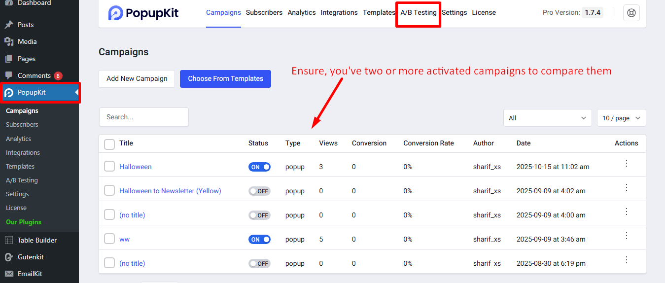Ensure you've two or more activated campaigns to compare them