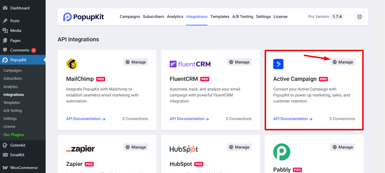 Find Active Campaign and click on the manage setting's icon