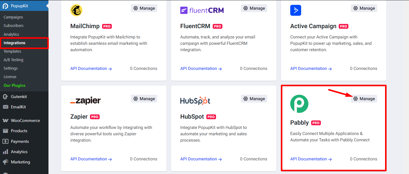 Find Pabbly in the integrations option and click on the manage icon