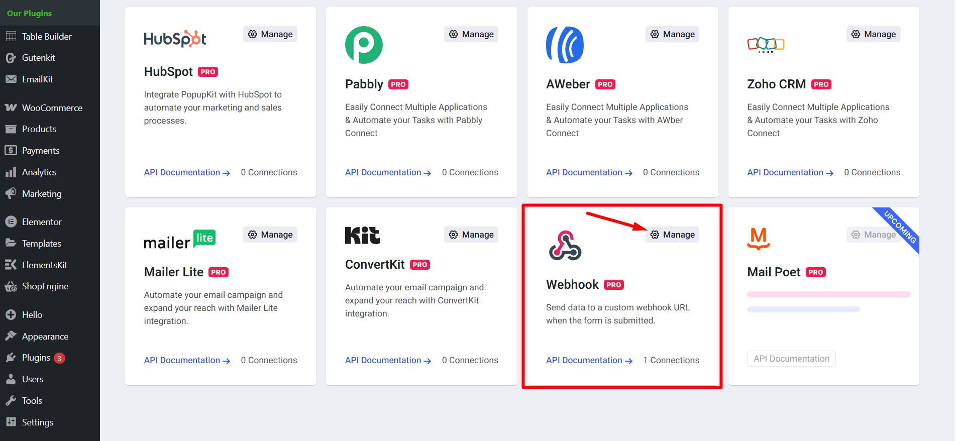Find Webhook and click on the manage setting's icon