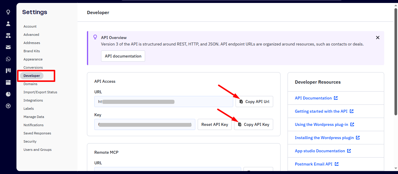From developer option copy the API access url and key