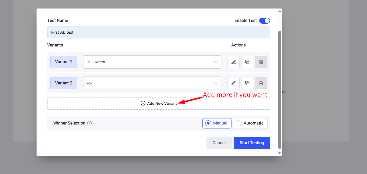 Provide details and create your AB test