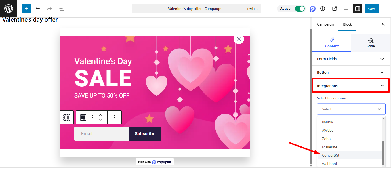 Select ConvertKit from the integrations' dropdown menu