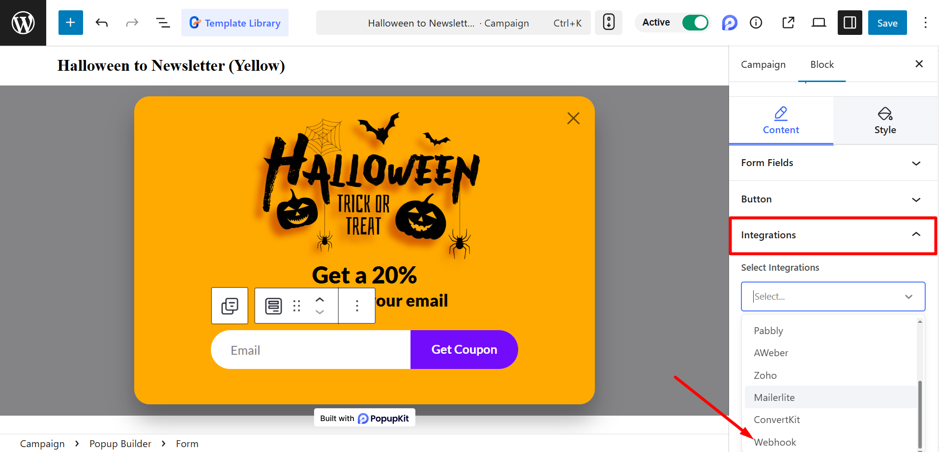 Select Webhook from the integrations list