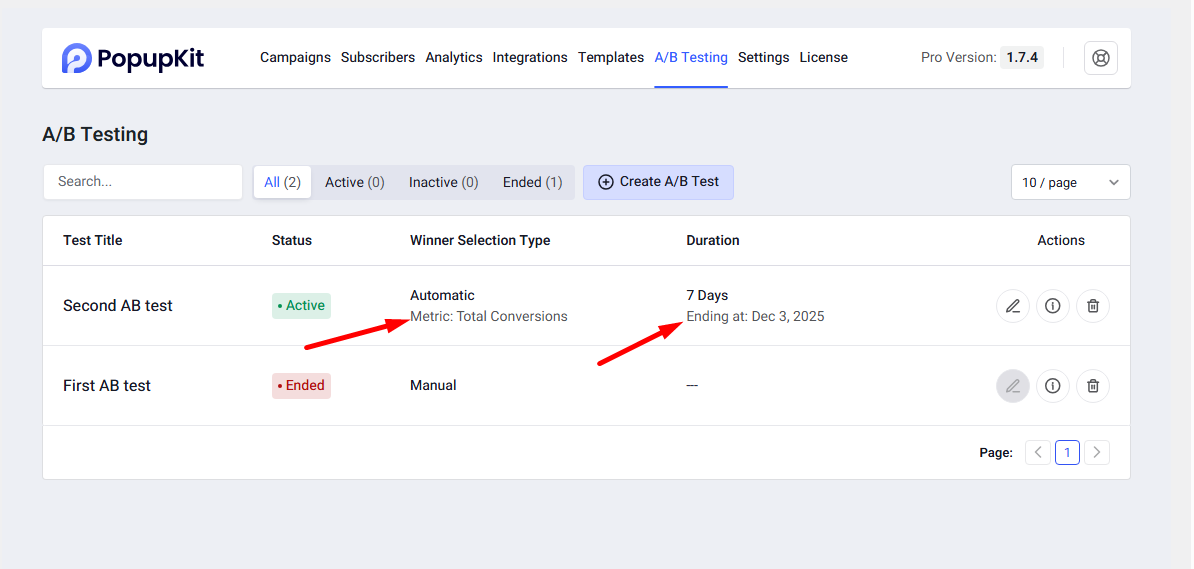 The new test is activated, check the Winner selection type and the test duration