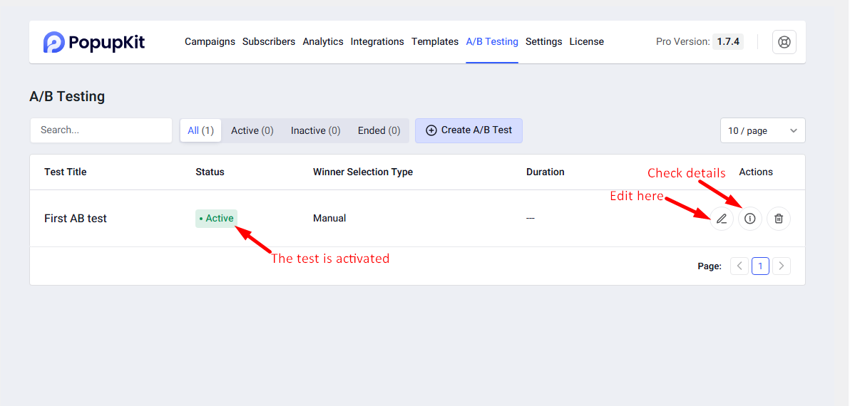 The test is activated, edit it and check details if you need