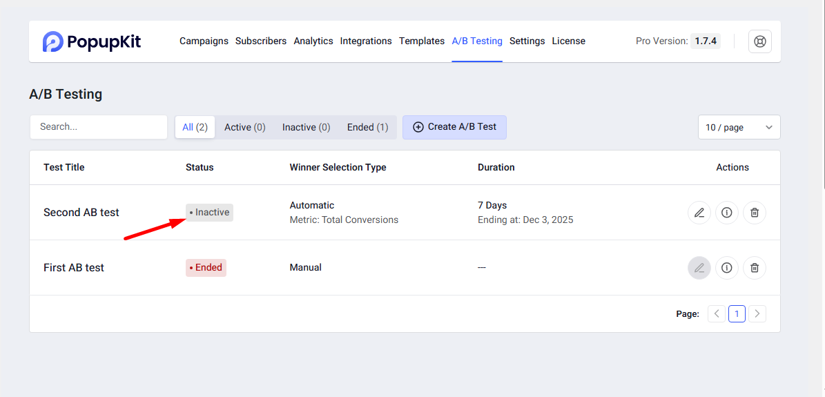 You've successfully inactivated the AB test