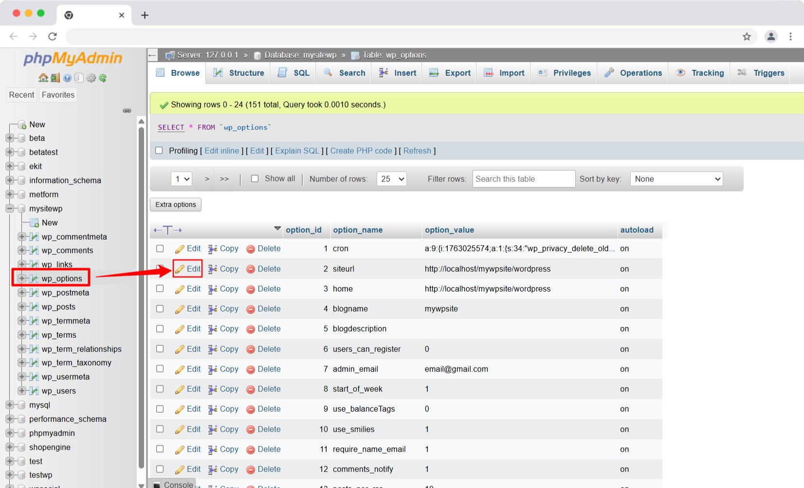 Change WordPress URL and site address via phpMyAdmin