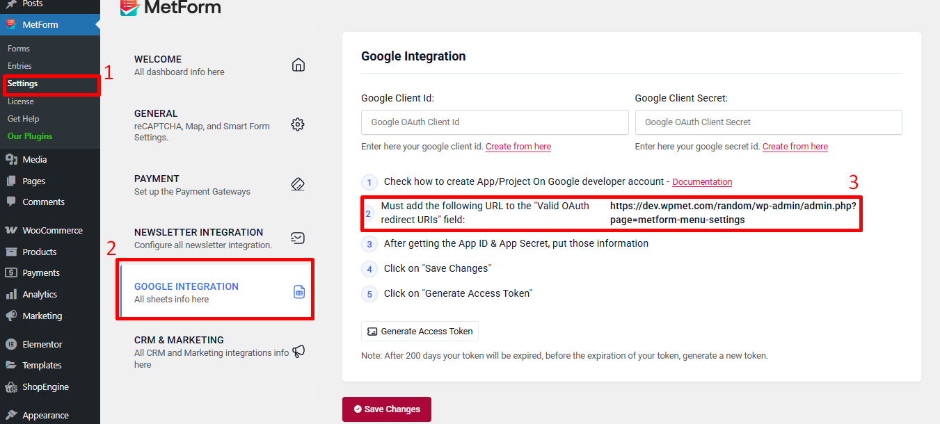 Copy the Valid OAuth redirect URIs from MetForm's Google Integration