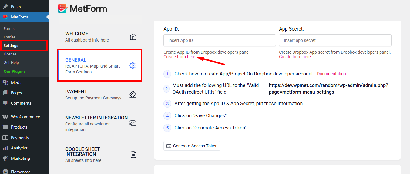 Create App ID from dropbox developers panel