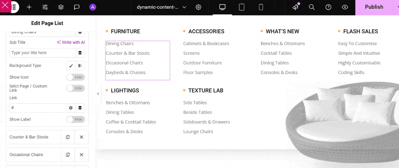 Enable the select page/custom link button