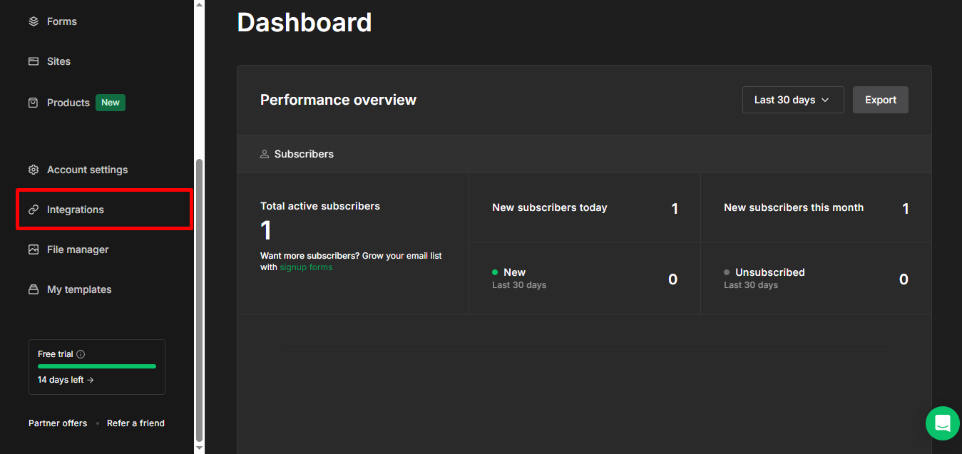 Find Integrations on the left side of your dashboard and clcik on it