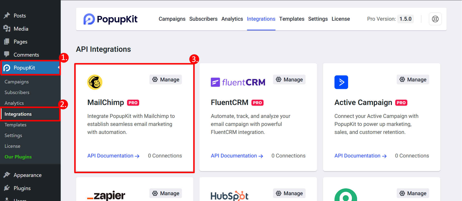 Find MailChimp from integrations tab