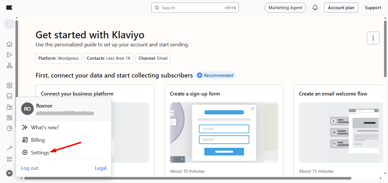 From your Klaviyo account go to Settings