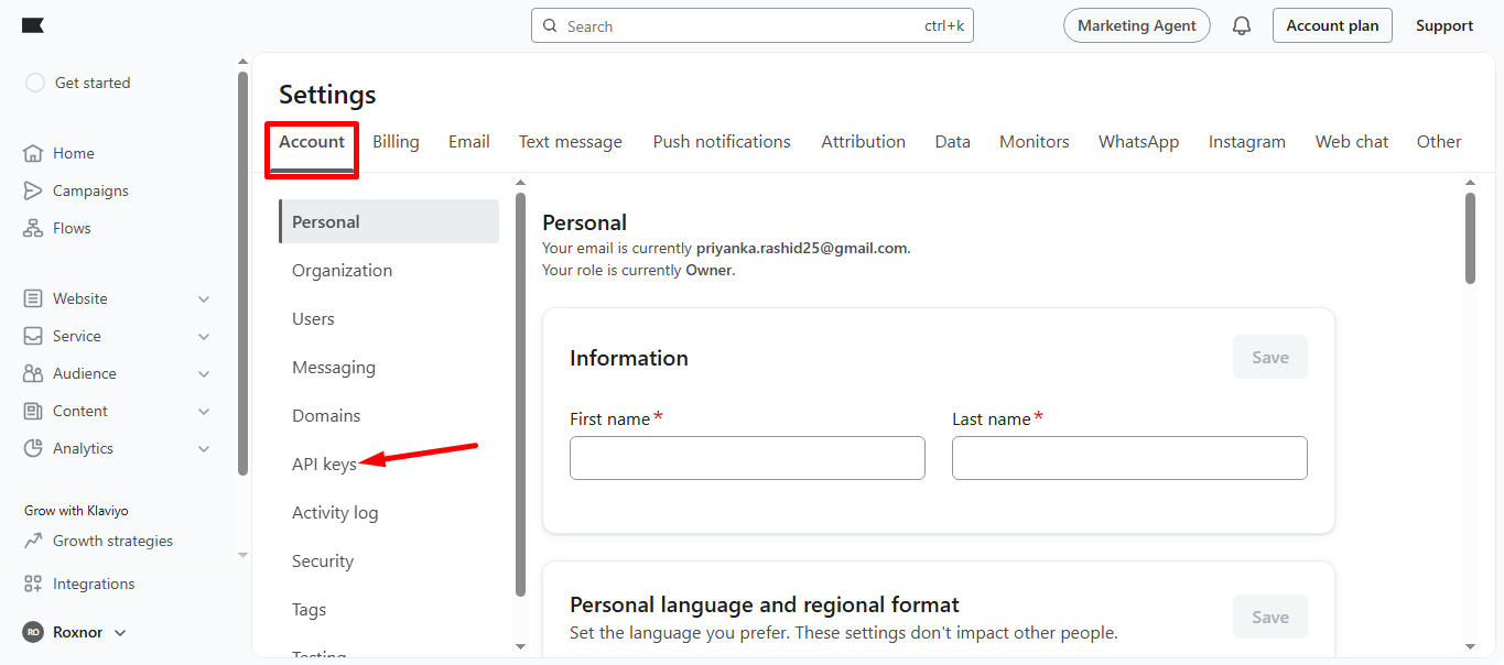 In the Account tab click on the API keys