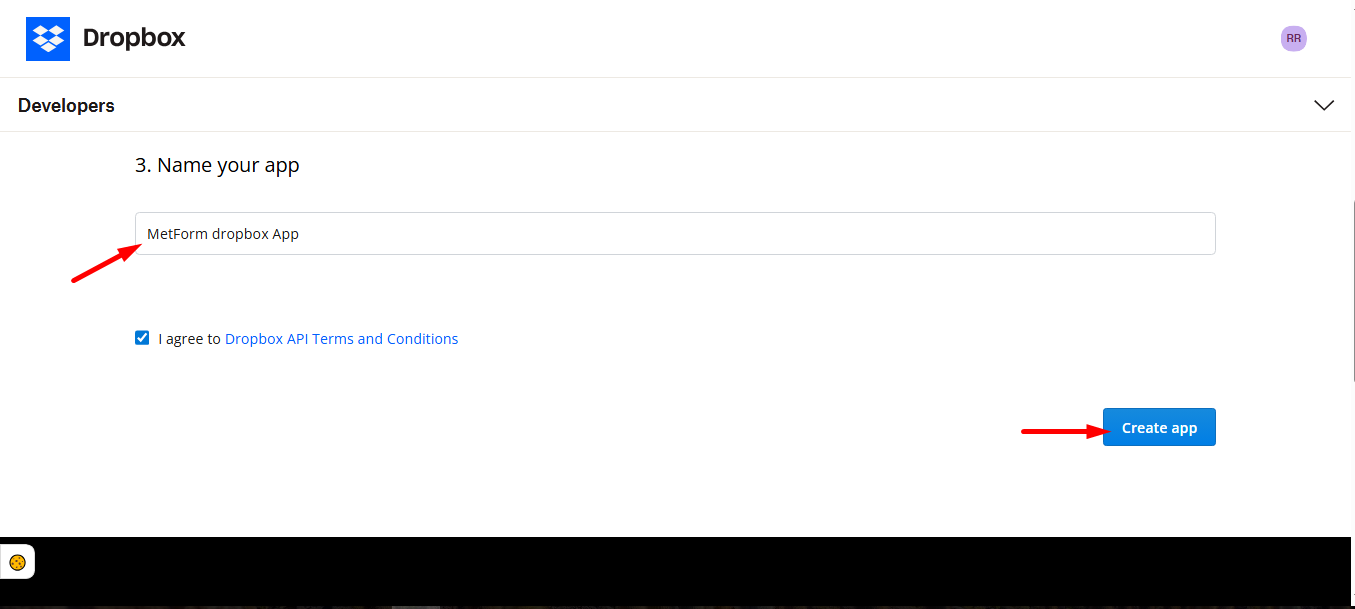 Name your App and agree to the terms and conditions