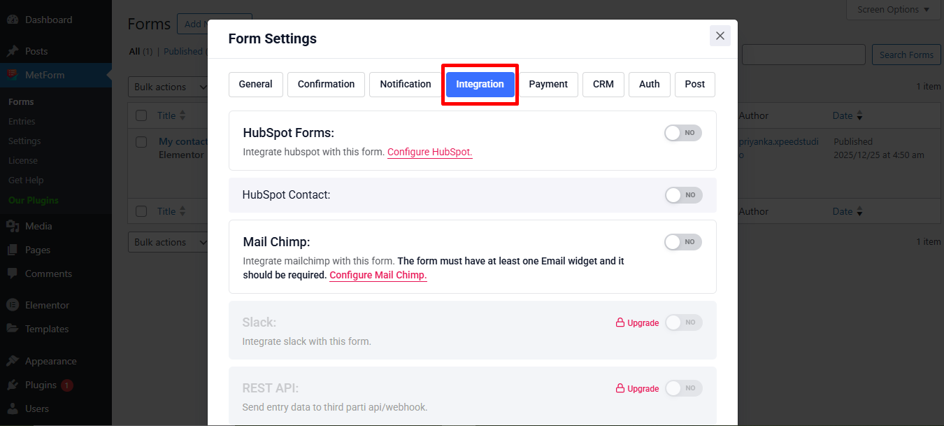 Navigate to Integration tab