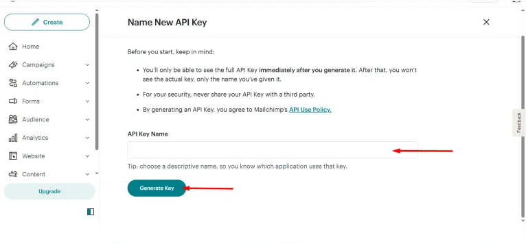 Provide your API key name in the designated field and click the Generate Key button