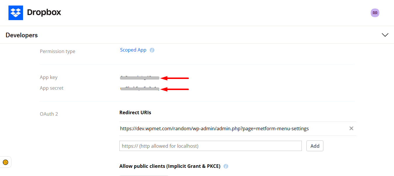 Scroll up and copy App key and App secret