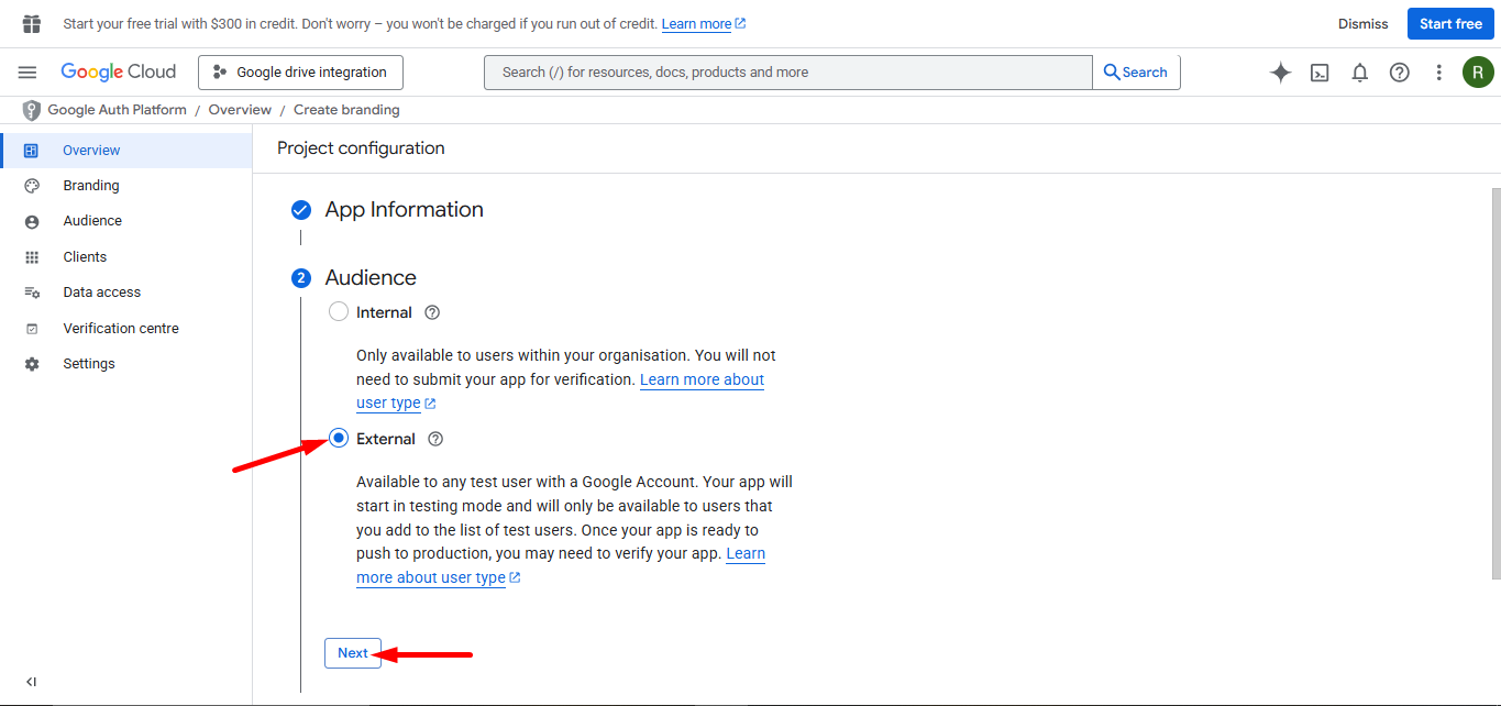 Select External as audience and click Next