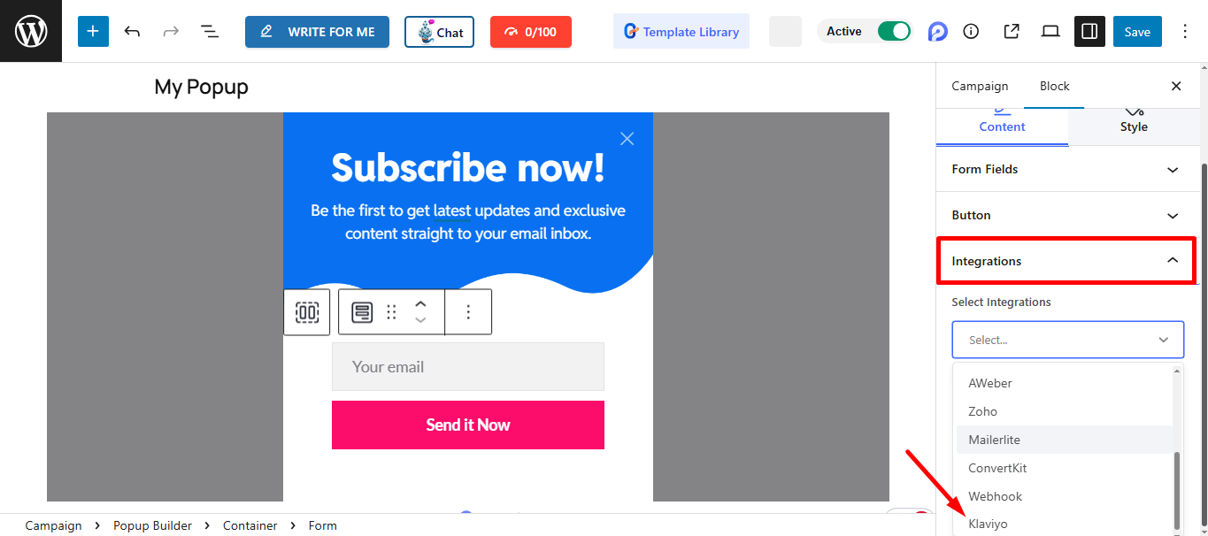 Select Klaviyo from the Integrations' list