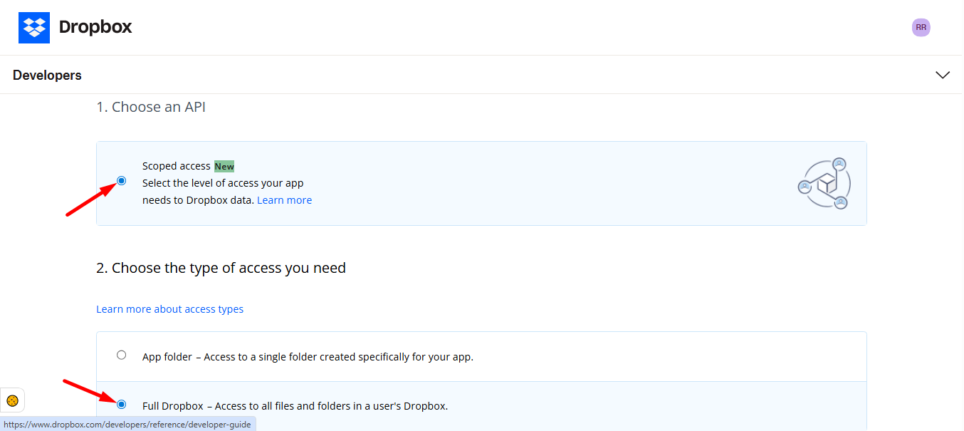 Select access and choose full dropbox access for all files and folders
