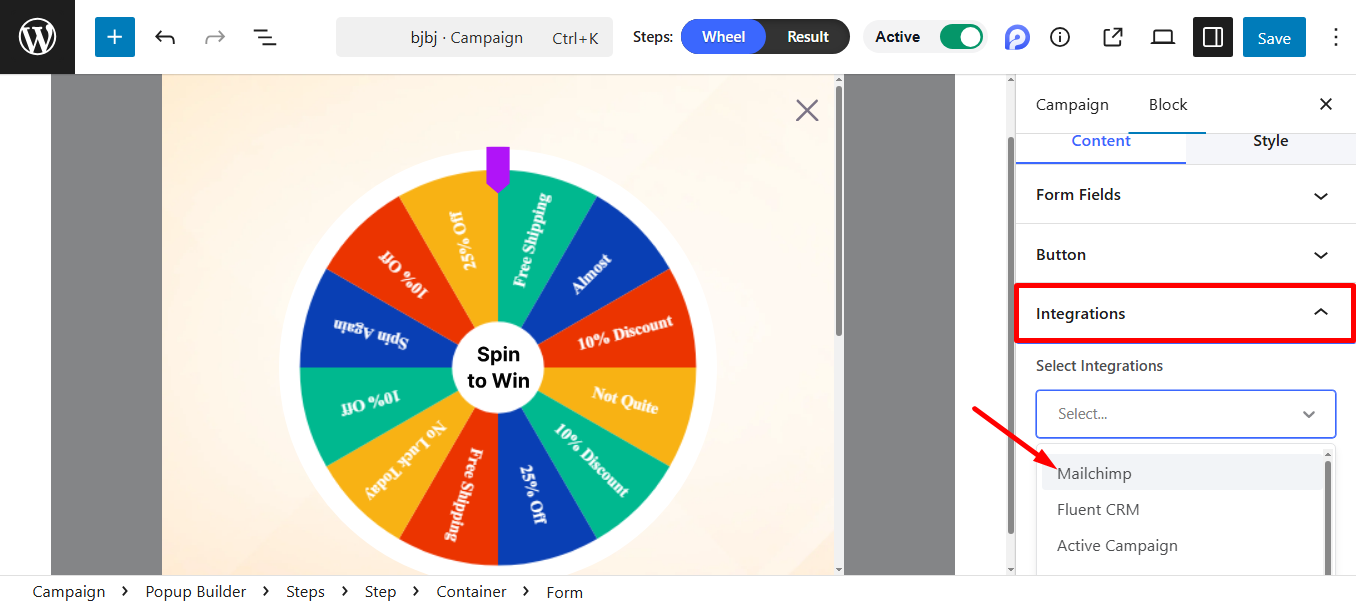 Under Integrations, choose MailChimp