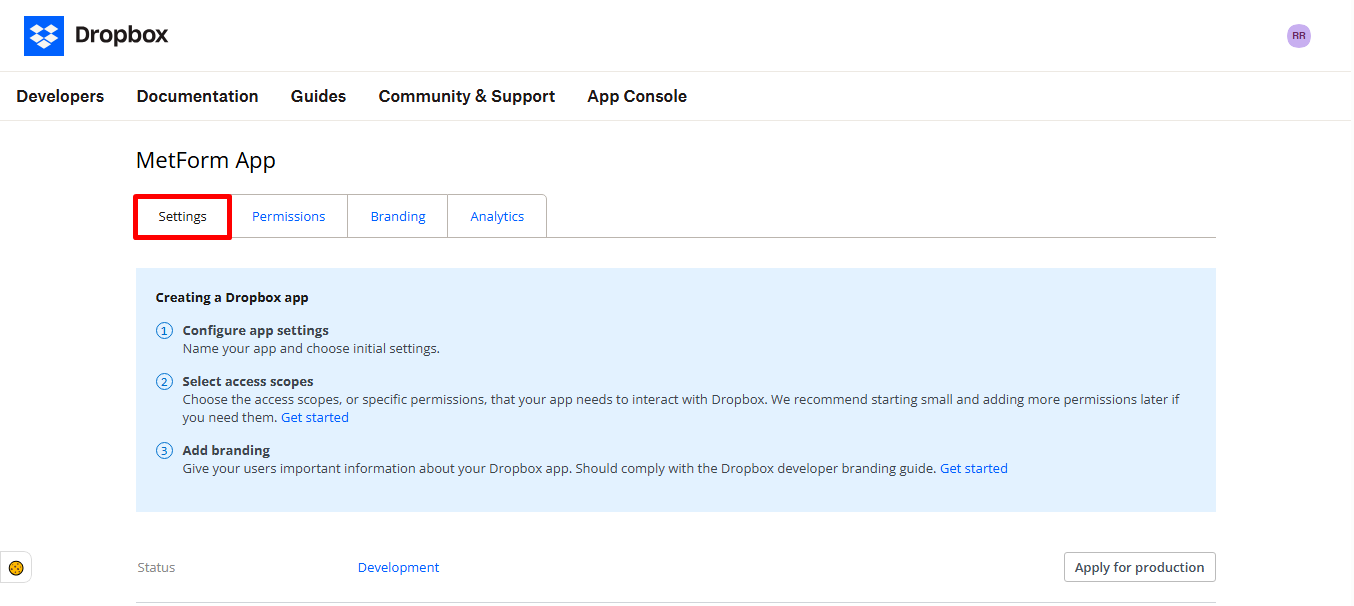 You'll be landed in the Settings page