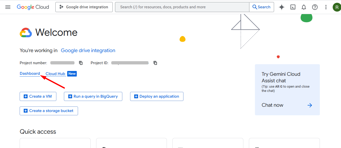 Your project has been created, now go to the dashboard