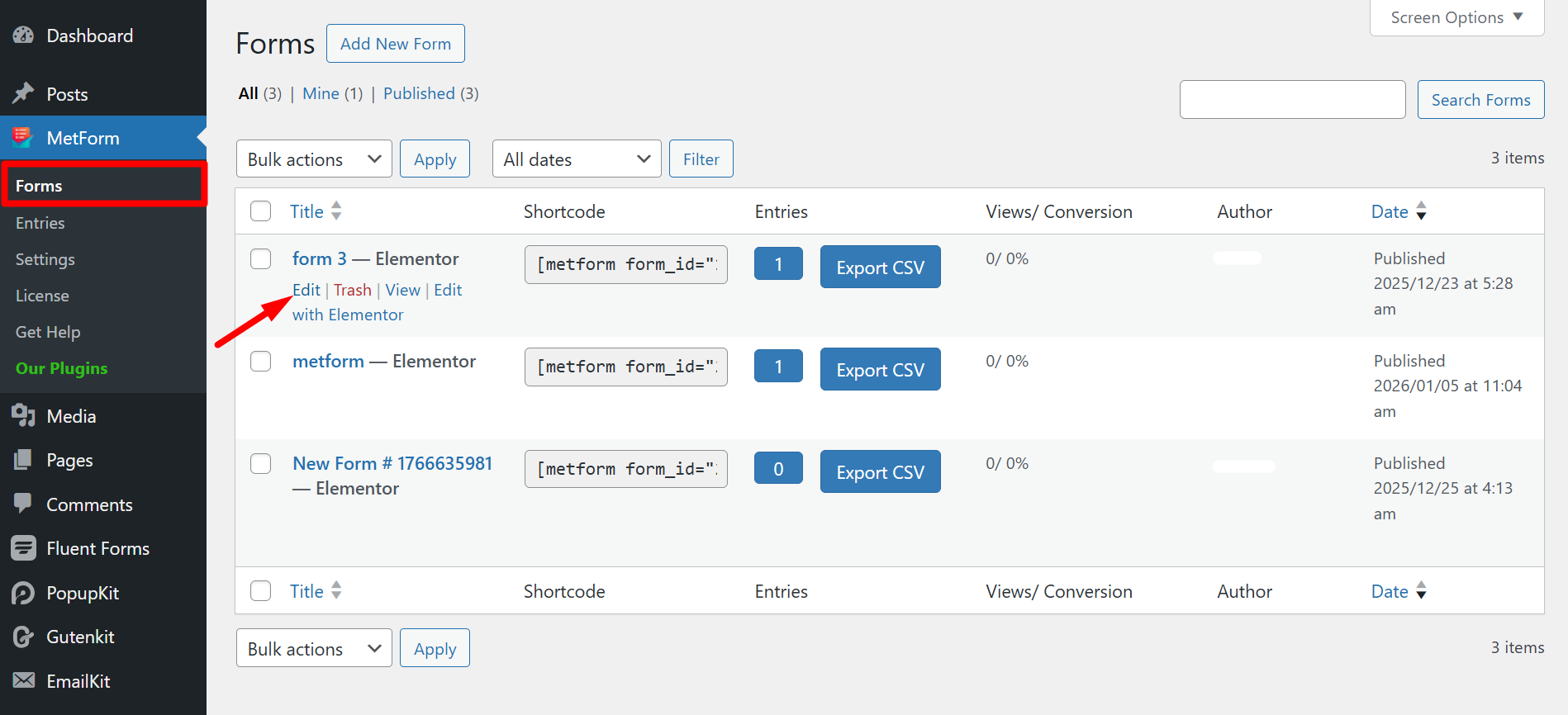 Choose a form and click on the edit button
