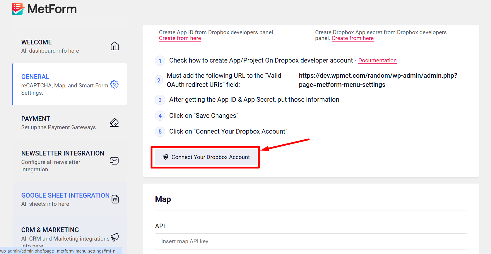 Click on the Connect your dropbox account button