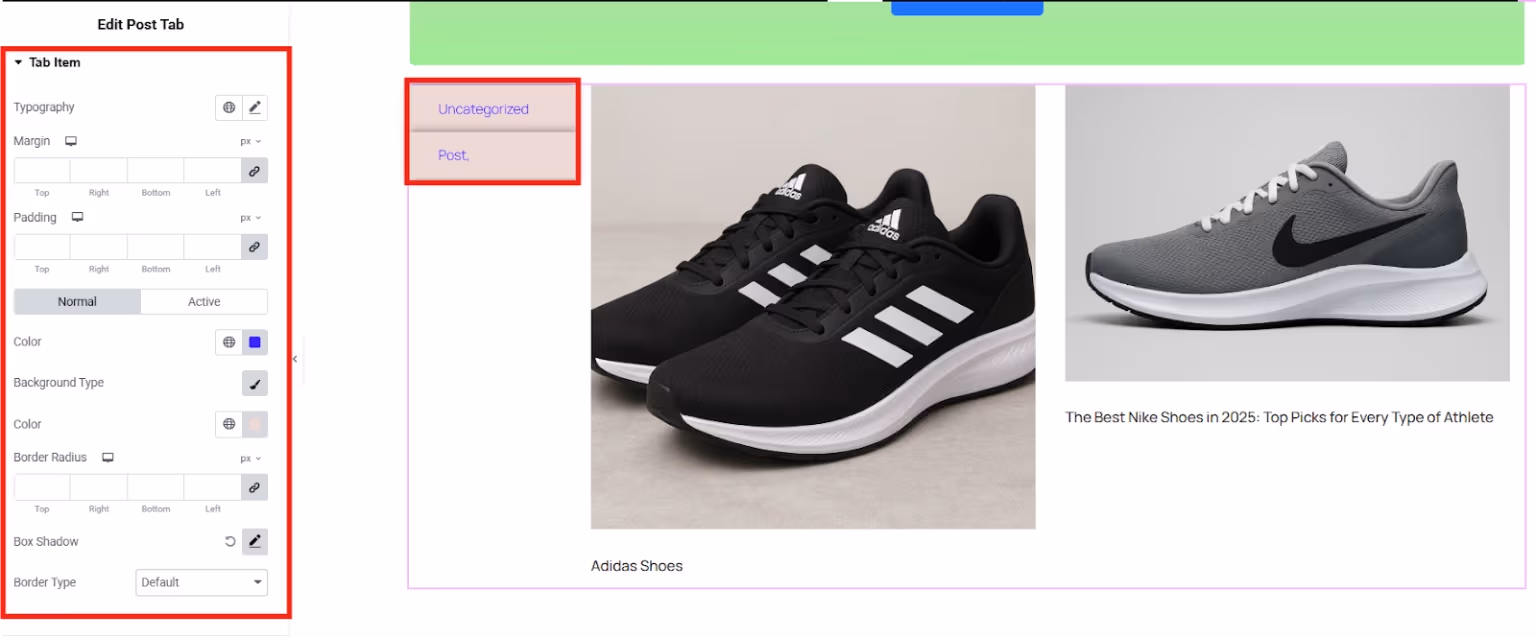 Design tab item with Elementor elements