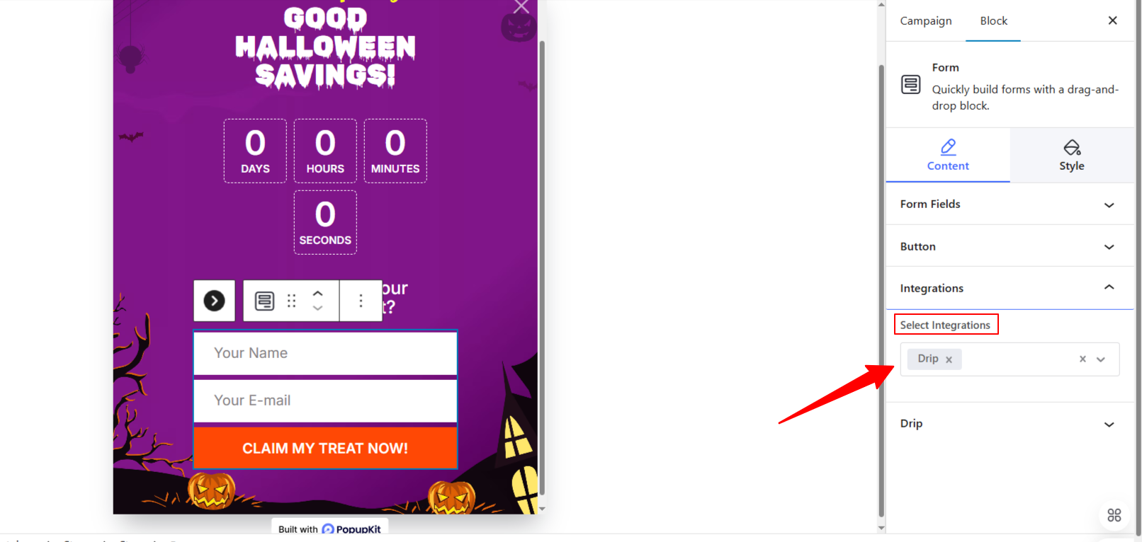 Drip Integration on PopupKit Editor