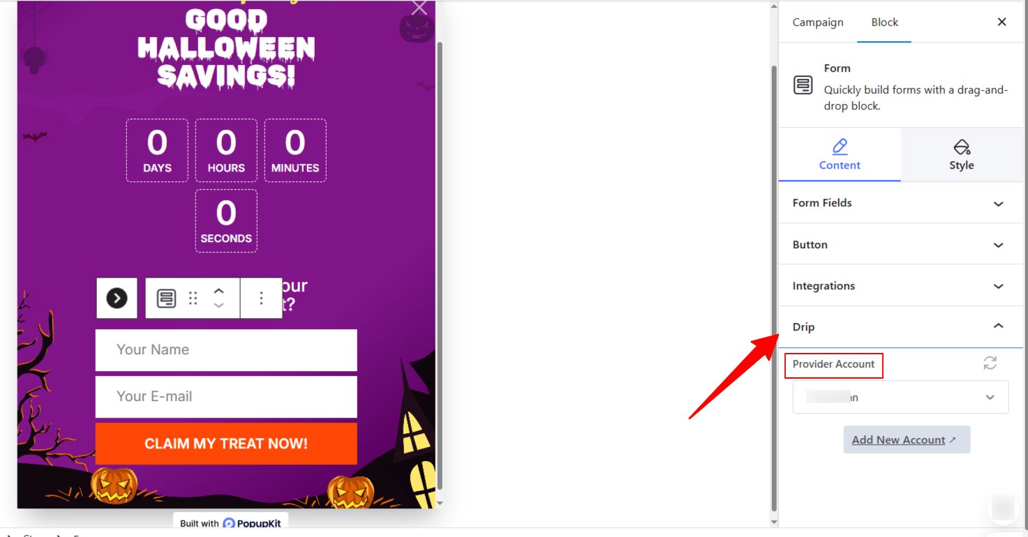 Drip Integration on PopupKit Editor