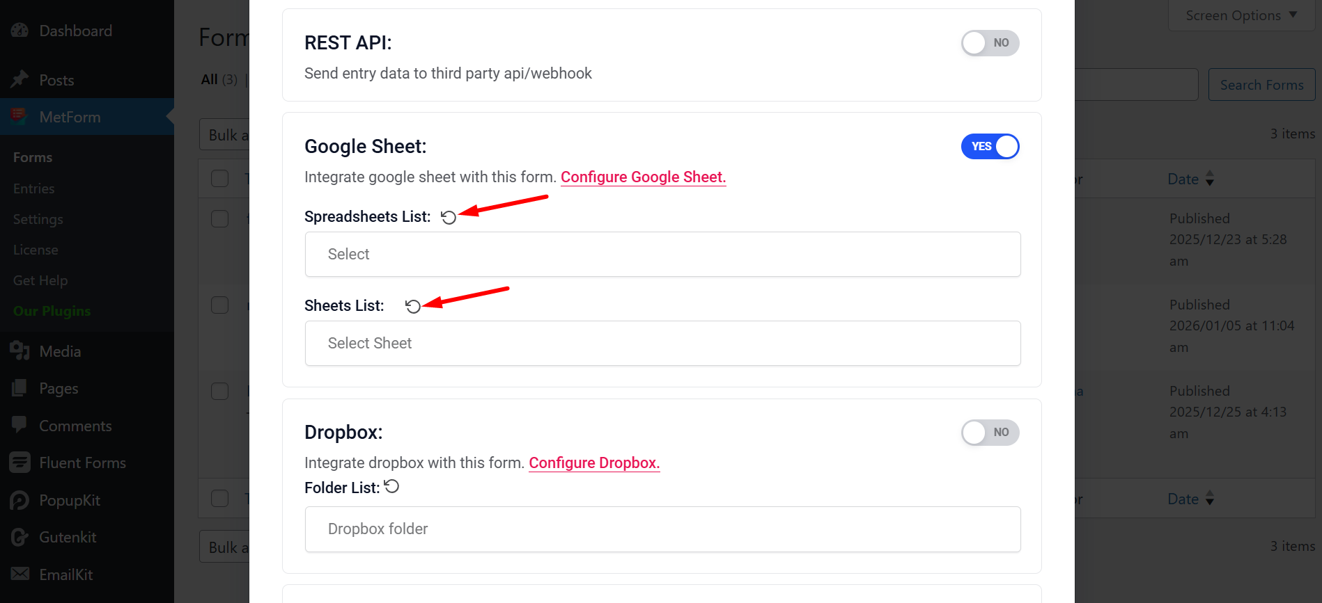 Enable Google Drive button and reload Spreadsheets list and Sheets list