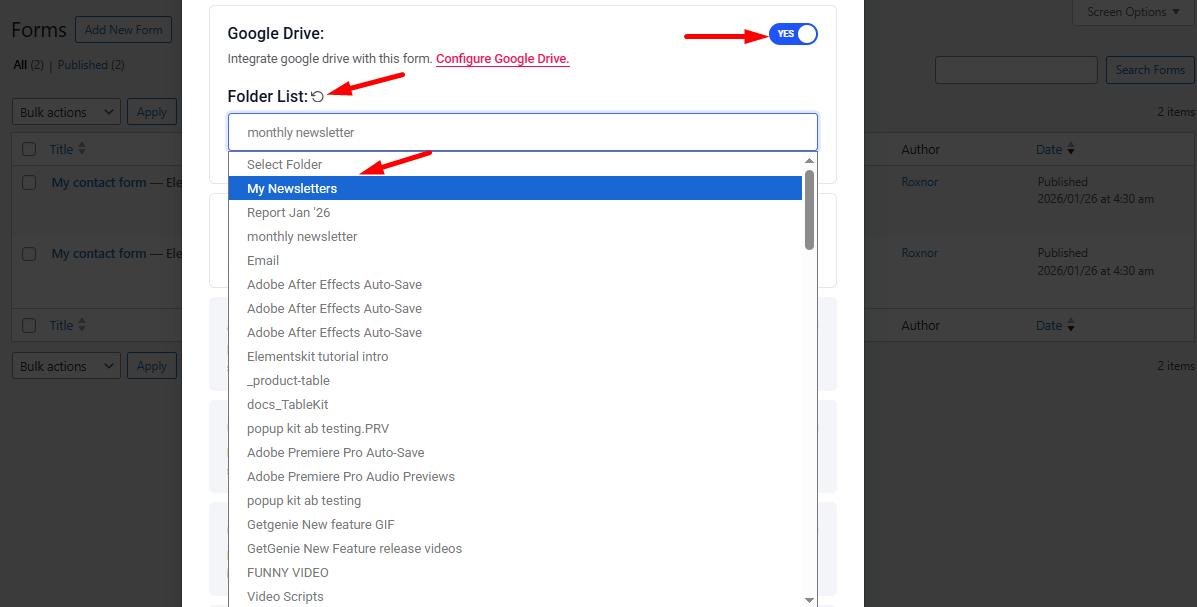 Enable Google Drive button, reload folder list and select a folder