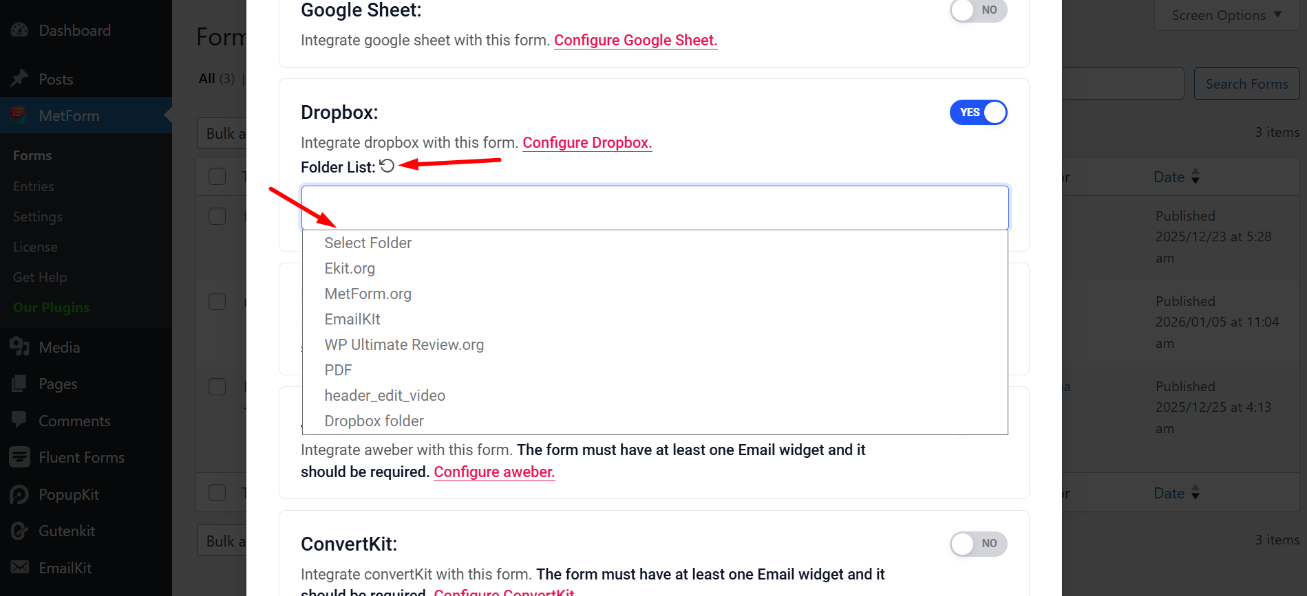Find Dropbox, click reload and select folder from the list