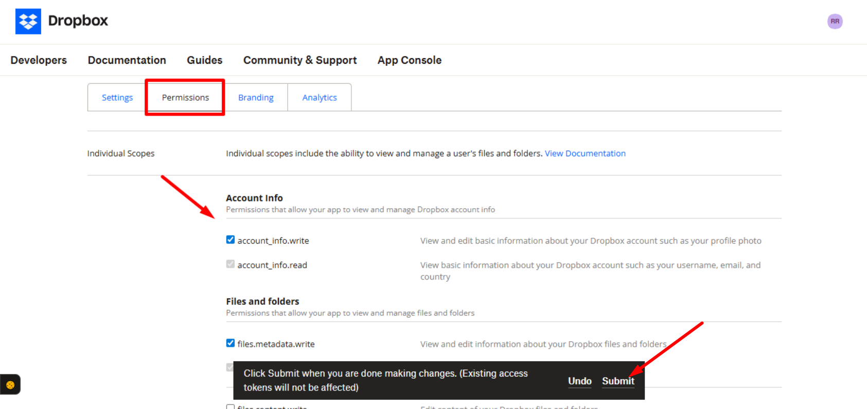 Give permissions that allow your app to view and manage Dropbox account info
