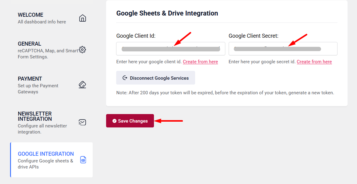 Insert the copied Google client Id and Google client secret and Save the Changes