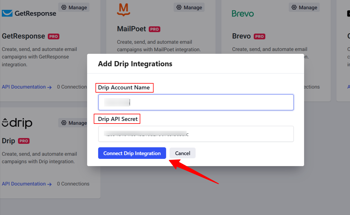Drip Integation Settings