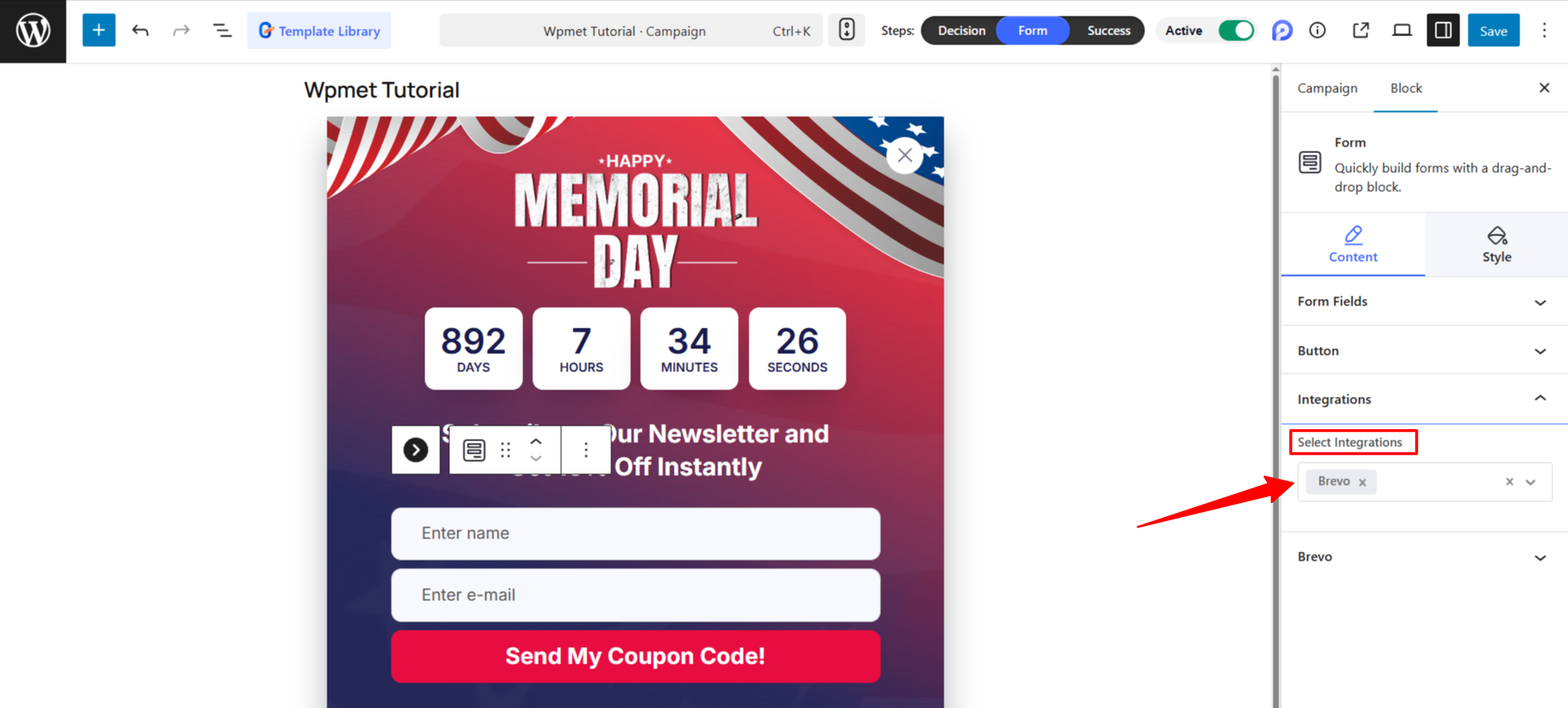 Configure Brevo in PopupKit Editor