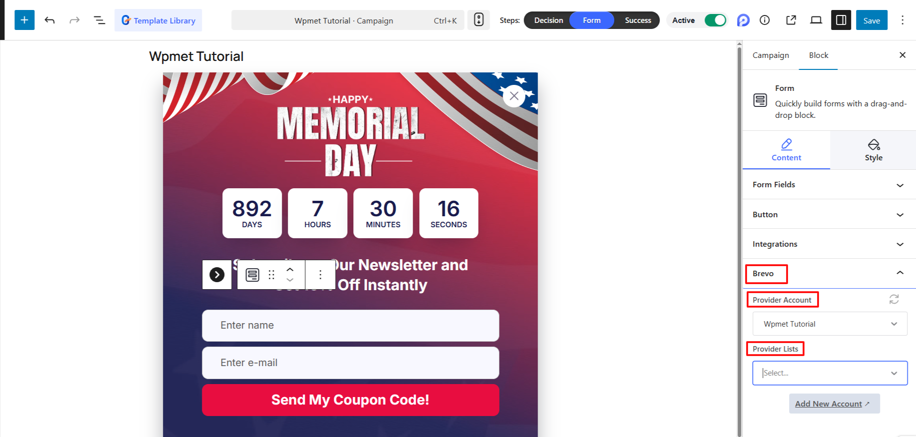 Configure Brevo Account in PopupKit Editor