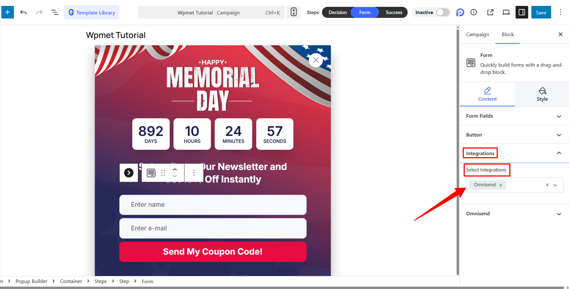 Attach Omnisend Integration in PoupupKit Editor