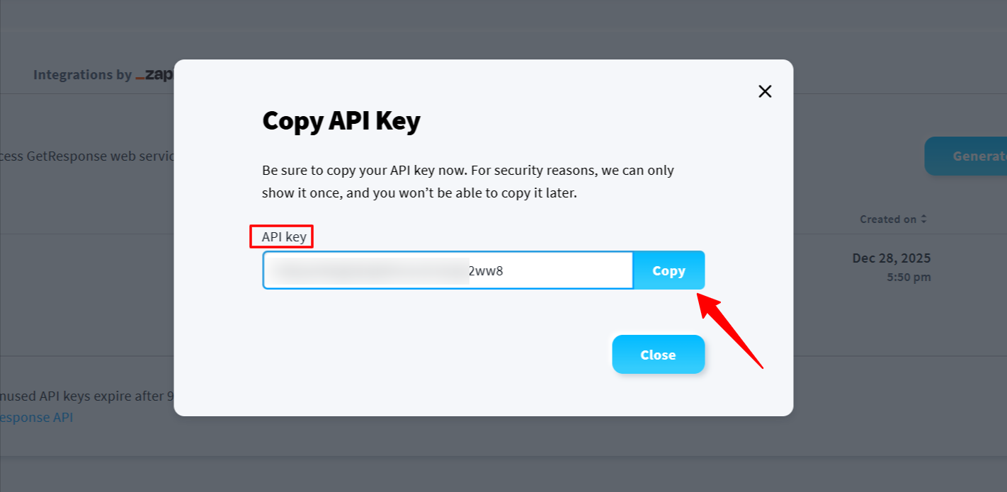 Copy GetResponse API Key