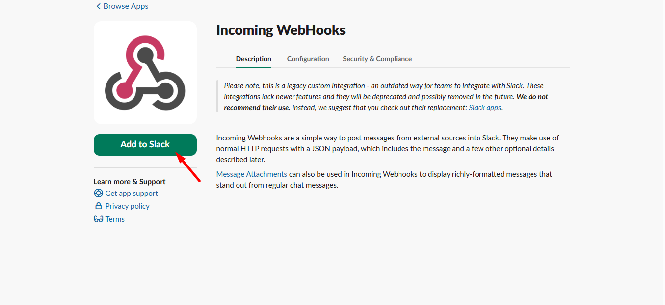 Add Incoming WebHooks to Slack