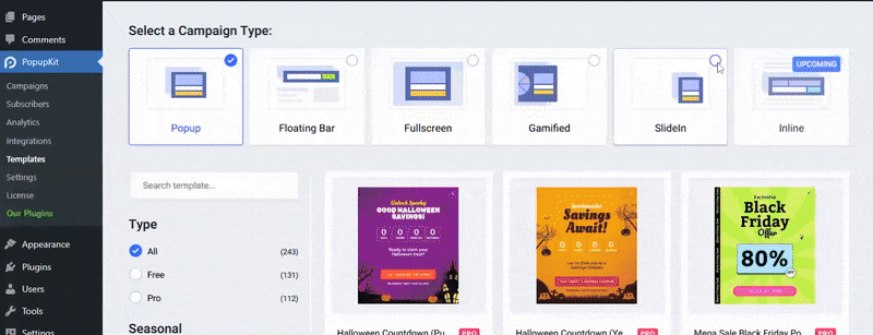 Choose a PopupKit Slide in popup template and customize